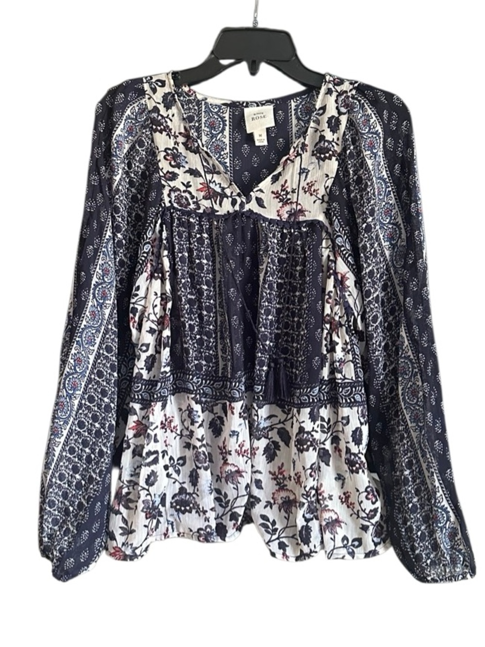 Knox Rose Boho Peasant Blouse - Navy and White Floral. Size Medium